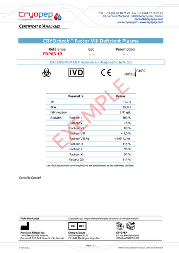 Certificat d'analyses CRYOcheck™ Factor VIII Deficient Plasma